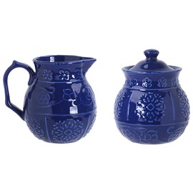 CHOOLD Blue Embossed Ceramic Sugar and Creamer Set with Lid Spoon Creamer Serving Set Coffee Serving Set, 10oz