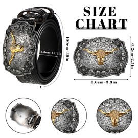 Jadive Men's Belt Western Cowboy Bull Leather Buckles Belt Longhorn Buckle with Flowers Engraving for Men, black