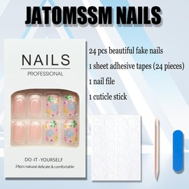 JATOSMMS Flower Fake Nails French Tip Press on Nails Spring Daisy Flower Acrylic Nails Short Square False Nails with White Edge Design Glossy Stick on Nail Glue on Nails for Women and Girls 24Pcs