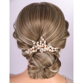 Teyglen Wedding Pearl Hair Comb Rose Gold Pearl Crystal Hair Piece Elegant Bride Wedding Hair Comb Decorative Hair Accessories for Women Pearl Rhinestone Headpiece (Rose gold)
