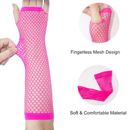 Fepdiu Women 80s Long Fishnet Fingerless Gloves Mesh Arm Sleeves One Size Fish Net Arm Sleeves EMO Gloves for Women in Theme Party Scene Accessories (hot pink)