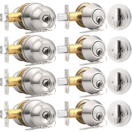 Probrico 4 Pack Keyed Alike Entry Handlset with Single Cylinder Deadbolts Combo Pack, Satin Nickel Door Knob for Front and Entrance Door, Interior and Exterior Entry Door Levers Brushed Nickel