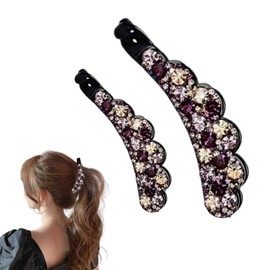 Elegant Rhinestone Banana Hair Clips for Women & Girls - 2Pcs Sparkling Vertical Ponytail Holders for Daily, Party & Wedding Hairstyles,Purple Champagne Color