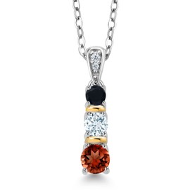 Gem Stone King 925 Silver and 10K Yellow Gold Round Red Garnet Sky Blue Aquamarine and Black Onyx Pendant Necklace For Women (0.64 Cttw, Gemstone January Birthstone, with 18 Inch Chain)