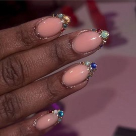 Buy 10 Get 10 Free! [Machine-Made] 24pcs Press-On Nails with Rhinestones & Flowers – French Style Glue-On Nails for Women & Girls:_046