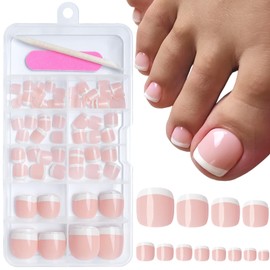 AddFavor 120pcs White French Tip Press on Toenails, Nude French Toe Nails Press ons Short Square Glossy Acrylic False Toes Nail for Women Girls Foot Manicure