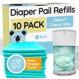 Reli. Diaper Pail Refill Bags, Compatible with Dekor Classic (10 Pack) | Diaper Dekor Refills w/Powder Fresh Scent | Odor Blocking, Strong, Easy Replacement Bags | Holds up to 4950 Diapers