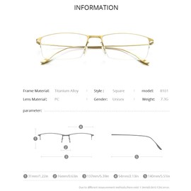 FONEX Metal Square Eyeglasses,Half Semi Rimless Lightweight Glasses Frame for Men (8101 Gold)