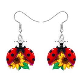 BAMAY Cute Ladybug Gifts Acrylic Sunflower Ladybug Earrings Dangle Garden Insect Bug Jewelry Lady Bug Gifts for Women Gardeners Nature Lovers (Red)