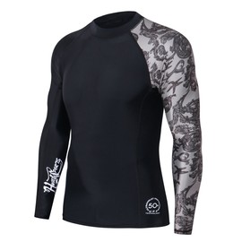 HUGE SPORTS Men's Splice UV Sun Protection UPF 50+ Skins Rash Guard Long Sleeves(Sea Forest, S)