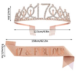 UVATAHONA 17th Birthday Sash and Tiara for Girl, 17 & Fabulous Sash and Tiara Birthday Crown, Happy 17th Birthday Gifts for Girls Kids Party Favors Supplies and Decorations, Rose Gold