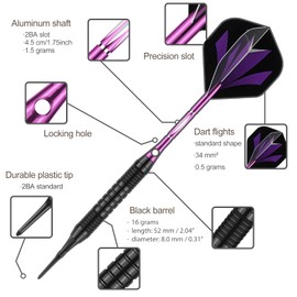 sanfeng Darts with Plastic Tip 18 g Case for Electronic Dartboard Soft Darts with Purple Aluminium Shafts 6 Flights 50 Anti-Loose Rubber Rings 50 Tips