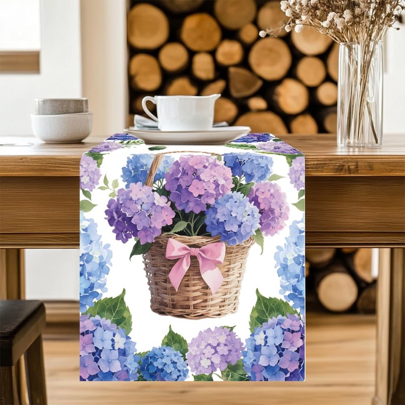 ANATTASOUL Table Runner Hydrangea and Basket 13"x72" Table Decorations, Durable