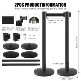 kaiyomi 2 Pack Stanchions Posts with Retractable Belts, 11 Feet Crowd Control Retractable Belt with Buffer Device, Heavy-Duty Base Stanchions Barriers Set (Black)