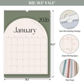 Aesthetic Wall Calendar 2026, 12 Monthly Calendar with 12 Colors From January 2026 to December 2026, 10.5" x 14.5", Modern Wall Hanging Calendar for School, Home, Office for Monthly Organizing & Planning