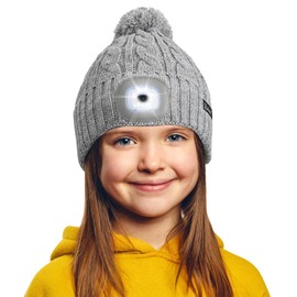 Etsfmoa Unisex Hat with Light for Kids,Winter Knitted Beanie,Gifts for Boys and Girls,Rechargeable Headlamp LED Cap Grey