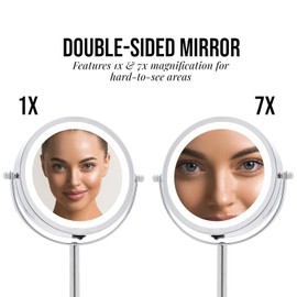 OVENTE 6" Lighted Makeup Mirror with 1X/7X Magnification, Cordless Tabletop Mount Vanity Round Mirror with 360° Swivel Design and Double Sided Cool Tone LED Ring Light, Polished Chrome MLT60CH1X7X