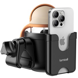 Lamicall Stroller Cup Holder with Phone Holder - Stable Anti-Slip Stroller Cup Holder Attachment for MaxiCosi, Evenflo, Doona, 360° Rotatable Stroller Accessories for Walker, Wheelchair, Bike, Scooter