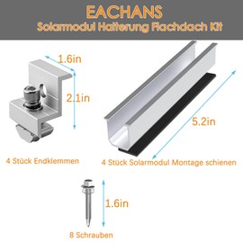 Solar Panel Bracket Flat Roof Kit, 4 Pieces Aluminium Rails and 4 Pieces PV Bracket End Clamps Adjustable for 30-35 mm Modules, Solar Panel Bracket Clamp Mounting Set Mounting Clips