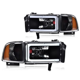 G-PLUS LED C Light Bar Headlights Assembly Fit Dodge Ram 1500 1994-2001/Fit Dodge Ram 2500 3500 1994-2002 Headlamps w/o Bulbs DRL Clear Lens Black Housing Amber Reflector,faros delanteros