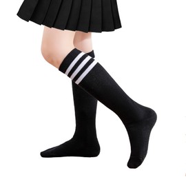 UTTPLL School Socks for Girls Knee High Stripe Seamless Cotton Uniform Sock Kids Boy Soccer Baseball Over the Calf Socks Toddler Long Boot Stockings Black White 9-12 Years