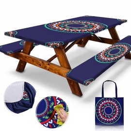 RNOONY 6ft Polyester Picnic Table Cover with Bench Covers and Carrying Bag, Elastic All Around,Windproof and Waterproof Picnic Table Covers with Elastic for Camping RV Gear 72x30 Inches 4Pcs