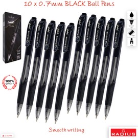 RADIUS Spark Retractable Ballpoint Pens, BLACK, Fine Point (0.7mm), Pack of 10, Smooth Fine Ball Pens, School Office Home Hospital Doctor Nurse Use