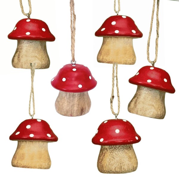 Set of 6 Wooden Mushroom Pendants, Approx. 5 x 4
