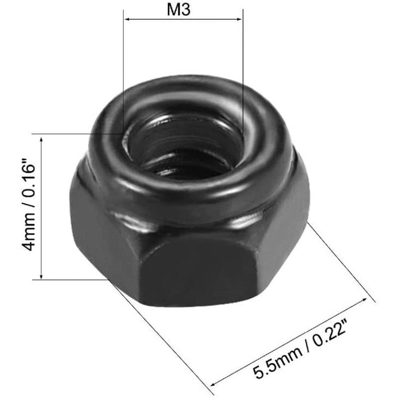 50-Pack M3 x 0.5mm Nylon Insert Hex Lock Nuts, Carbon