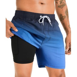 APTRO Mens Swimming Shorts Swimming Trunks Men Compression Liner Swim Shorts 7" Board Shorts Gradient Blue MK361 L