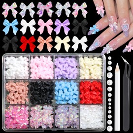 RODAKY Mixed Color Bow Nail Charms Aurora Bowknot Charms for Nails White Nail Pearls Gems Cute 3D Nail Bows Decoration Accessories Craft DIY Embellishment
