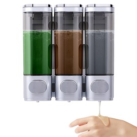 Soap Dispenser Wall Mounted, Triple 300mL Shampoo and Shower Gel Dispenser, Hand Wash Body Wash Liquid Dispenser, No Drill Wall Mounted Shower Dispenser for Home Hotel Restaurant (Silver)