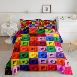 Feelyou Building Blocks Bedding Set Toy Brick Comforter Set for Kids Boys Girls Teens Room Decor Gamers Comforter Queen Size Colorful Toddler Duvet Set 3Pcs
