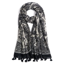 QIUTIMIY Scarf for Women Lightweight Soft Floral Printed Scarves Fall Winter Fashion Shawl Wrap with Fringe(Black Beige)