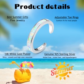 FIASASO 925 Sterling Silver Toe Rings for Women Adjustable 14K White Gold Plated Silver