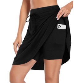 BLEVONH Womens Skorts for Summer, 20" Knee Length Golf Skorts Skirts for Women Drawstring Waist Tennis Skirts with Pockets Summer 2022 Black XL