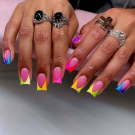Long Square False Nails - 24pcs Press on Nails French Tip - Colourful Rainbow Ombre Stick on nails - Strong Fake Nails with Glue - Square French nail Tips Long Last for Summer Nail Art