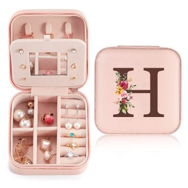 Travel Jewellery Box Small with Initial H and Flower, Jewellery Storage for Women PU Leather, Mini Jewellery Box Jewellery Box for Women Girls Gift for Birthday, Christmas, Mother's Day