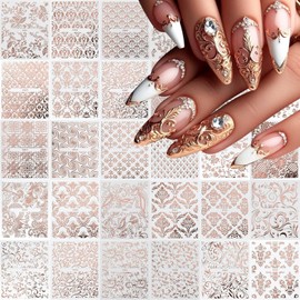 30 Sheets Lace Nail Stickers Rose Gold Nail Stickers Flower Nail Decorations Decals 3D Self-Adhesive Hollow Designs No-Repeat Lace Nail Decals Supplies for Women DIY Nail Art Accessories