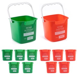 Matthew Detergent&Sanitizing Cleaning Bucket 6 Quart Plastic Pail,Set of 12 Square Containers,Built-In Spout w/Handle,Wash Rinse Sanitize Handwash Bucket for Home Commercial Restaurant (6 Red&6 Green)