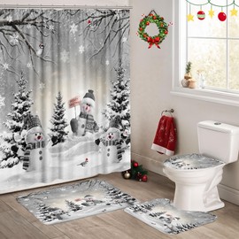 Farmhouse Winter Christmas Shower Curtain Set, Cute Snowman Snow Forest Pine Tree Bathroom Decor Sets Rustic Xmas Snowflake Shower Curtain and Bath Mats Bath Accessories Toilet Lid Cover U-Shaped Mat