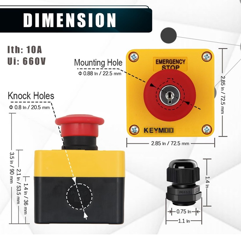 KEYMOO Emergency Stop Push Button Switch with Key Lock, 1NC
