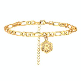 YANCHUN Gold Initial Anklet for Women Figaro Chain Anklets Alphabet Letter Cuban Link Ankle Bracelet for Girls Barefoot Jewelry (R)