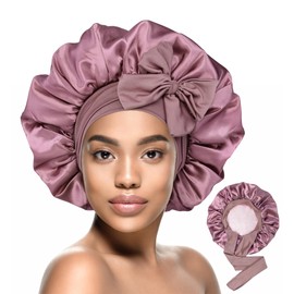 HiRui Silk Satin Bonnet for Sleeping Women, Double-Layer Sleep Cap Shower Cap with Adjustable Tie, Moisture Retaining Satin Lined Hair Bonnet for Curly and Natural Hair (Blush Pink/Pink, Large)