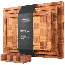 Fibogollo Bamboo Cutting Boards for Kitchen(Set of 3),Chopping Boards with Juice Groove,End Grain Serving Board with Holder,Bamboo Butcher Block for Meat,Vegetables,Fruit