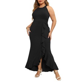 Keluummi Plus Size Formal Wedding Guest Long Dresses for Curvy Women, Halter Neck Empire Waist Mermaid Maxi Cocktail Dress(18 Plus, Black)