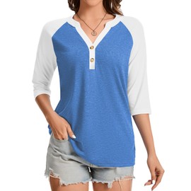 Dimur Womens Tops Dressy Casual 3/4 Sleeve Button Down V Neck Contrast Color Raglan Shirts Womens Fashion Blue Large