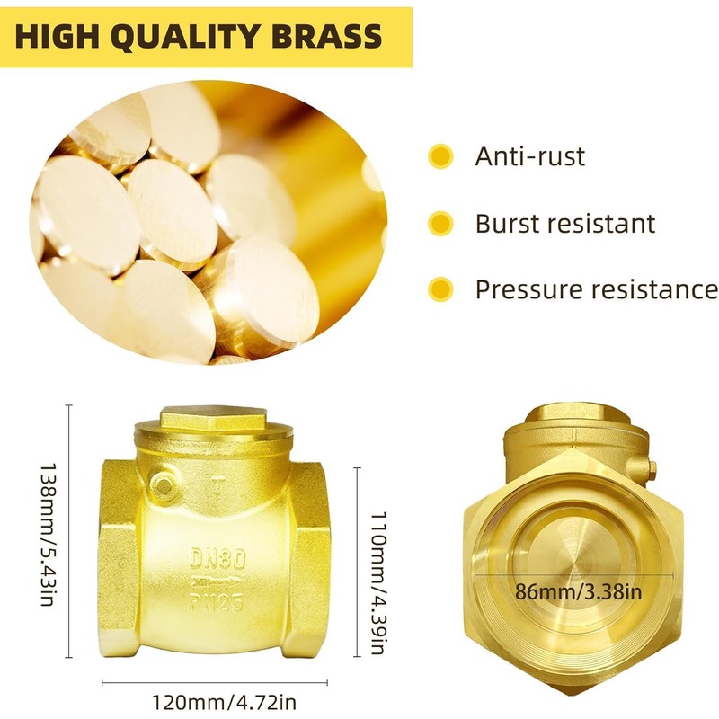 MYWERO 3"NPT Horizontal Brass Check Valve - Prevents Water Backflow,