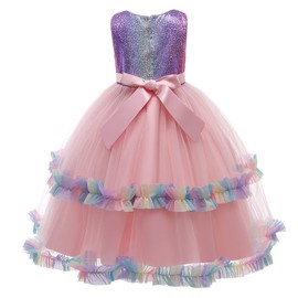 HIHCBF Disfraz de unicornio con lentejuelas para niñas, vestido de fiesta de princesa, boda, cumpleaños, Halloween, vestido largo con diadema, rosa, 5-6T