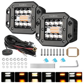 EverBrite 2PCS 48W Led Light Pods Flush Mount, Spot Flood White Amber Strobe 6 Modes with Memory Function, Off Road Fog Driving Light for Truck Car ATV SUV Cabin, 16AWG Wiring Harness Kit- 2 Leads